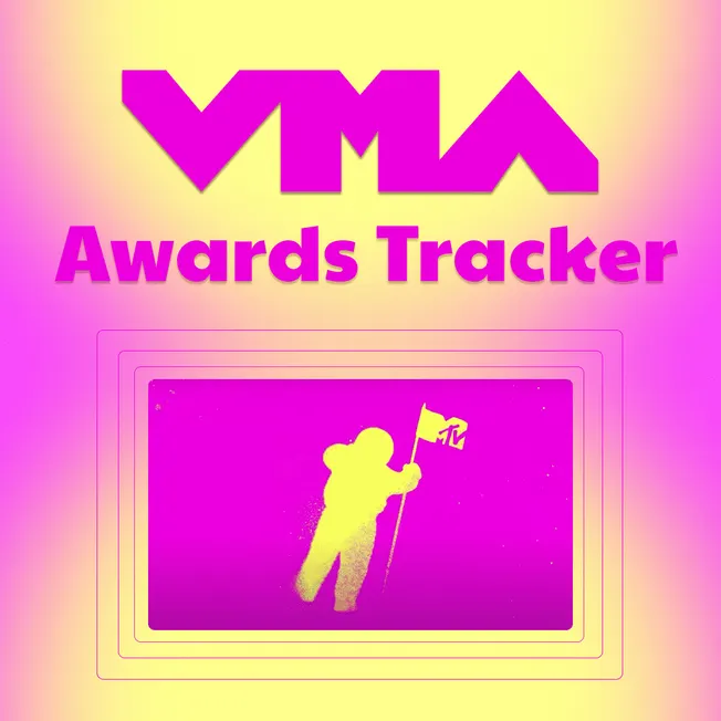 VMA Awards Tracker digital graphic with bright pink and yellow color scheme, featuring MTV logo and a stylized astronaut hold