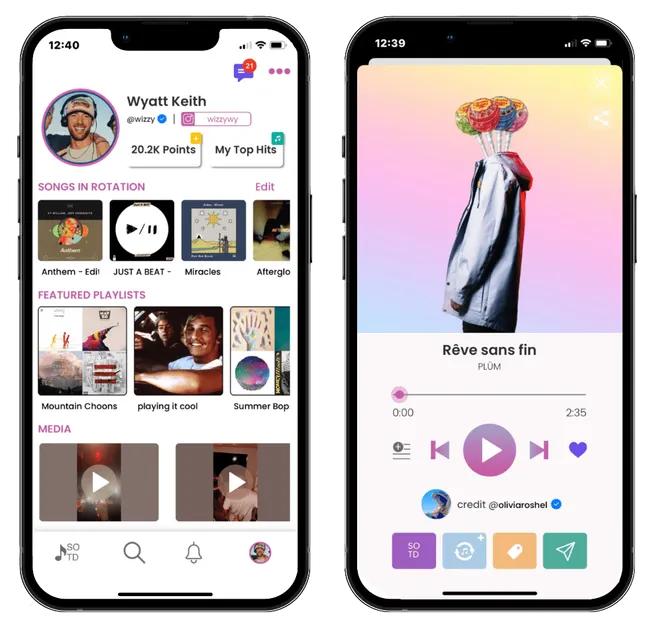 User-generated music streaming app interface featuring playlists and song controls, emphasizing social sharing and digital mu