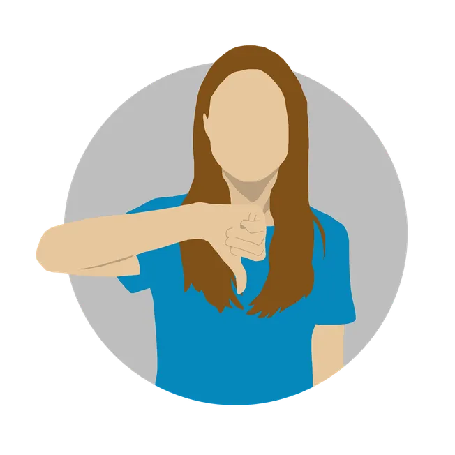 No face, woman with long brown hair showing thumbs down gesture, digital illustration, disappointed or disapproving expressio