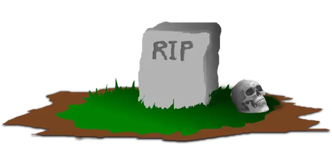 A gray tombstone with "RIP" inscribed, surrounded by a skull and a small green grave marker on dark earth, symbolizing death