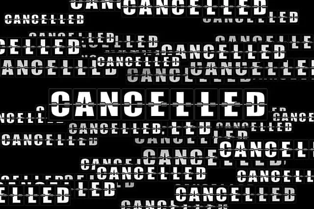 Cancelled event poster with multiple "cancelled" overlays for music industry disruption, concert cancellations, and event pos