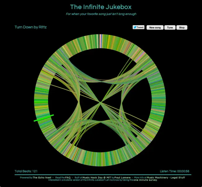 Vibrant colorful circular music visualization from The Infinite Jukebox by Hypebot, showcasing innovative musical technology