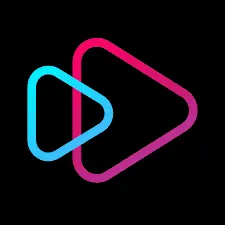 Play button icon with vibrant pink and blue neon outlines, digital media symbol, modern design, representing music, video, or