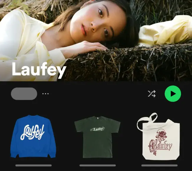 Laufey artist merchandise, including sweatshirt, T-shirt, and tote bag, featuring stylish designs and logo, perfect for fans