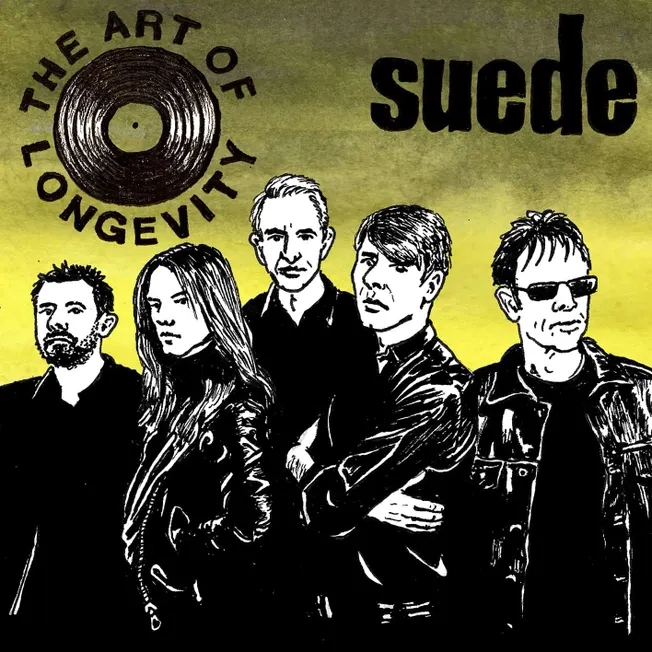 Vintage band illustration featuring five musicians with "The Art of Longevity" and "Suede" text, representing indie rock musi
