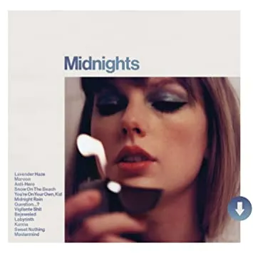 Lavender Maroon woman holding a coffee cup with music album cover art for "Midnights" featuring starry design and artists' na