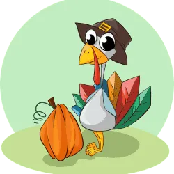 A cartoon turkey wearing a Pilgrim hat with an autumn pumpkin and colorful leaves, celebrating Thanksgiving.