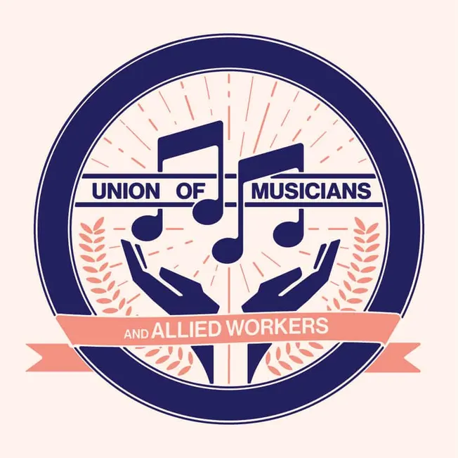Union of musicians and allied workers emblem featuring musical notes, hands, and laurel wreaths, symbolizing solidarity and s