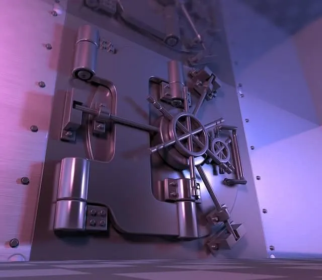 High-security bank vault door with intricate locking mechanisms and steel construction, emphasizing safe storage and secure a