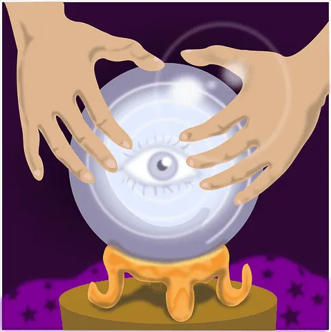Mystical crystal ball with glowing eye, held by hands, on a magic-themed table, symbolizing foresight and digital insights fo