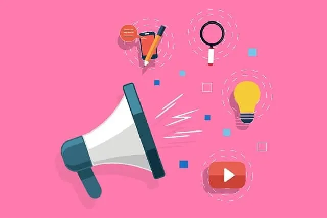 Megaphone icon representing digital marketing and music promotion, with icons of a pencil, magnifying glass, light bulb, and