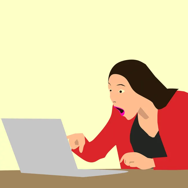 Shocked woman reacting to surprising news on her laptop, emphasizing online communication, internet news, digital shock, soci
