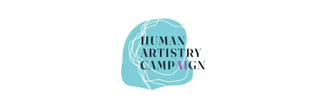 Human artistry campaign logo with abstract blue and white design emphasizing creativity and art preservation.