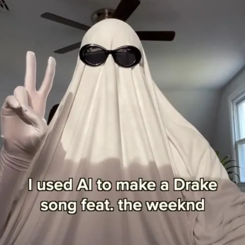 Ghost wearing sunglasses and gloves making peace sign, with text overlay about AI-generated music remix, modern tech, creativ