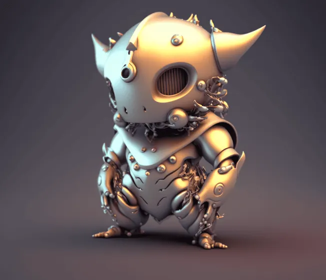 Robotic monster character with a helmet and mechanical limbs for digital art showcases, gaming, and entertainment content.