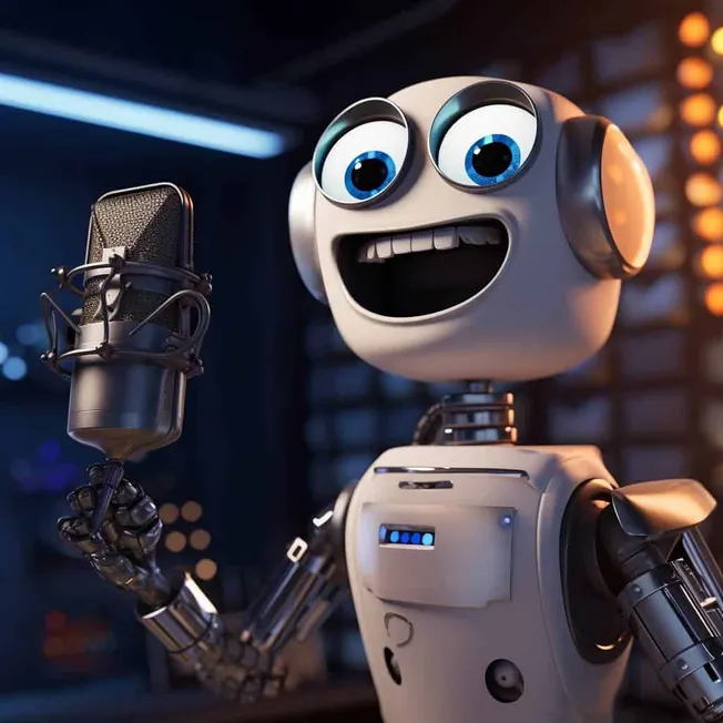 Robot with big expressive eyes and headphones singing into a microphone in a modern music studio for AI music production and