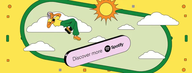 Discover music on Spotify with relaxing scene of person lounging on cloud, listening to music, bright sun, and playful clouds