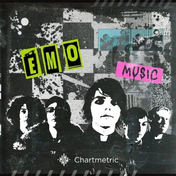 Emo music band illustration with a grunge art style, featuring a group of musicians against a graffiti-inspired background, r