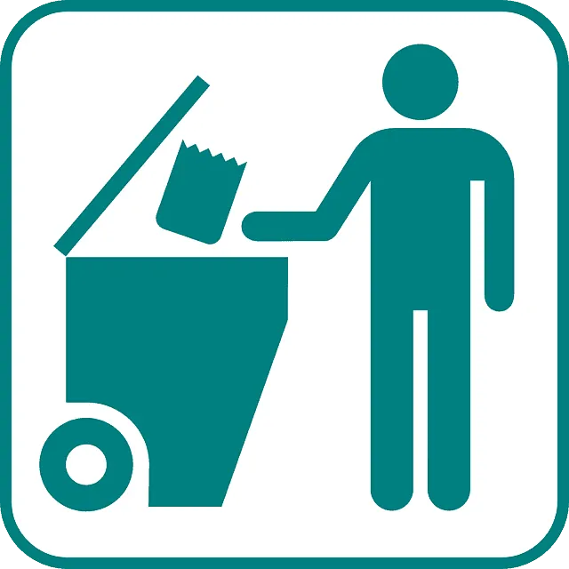 Recycling person with trash bin icon.