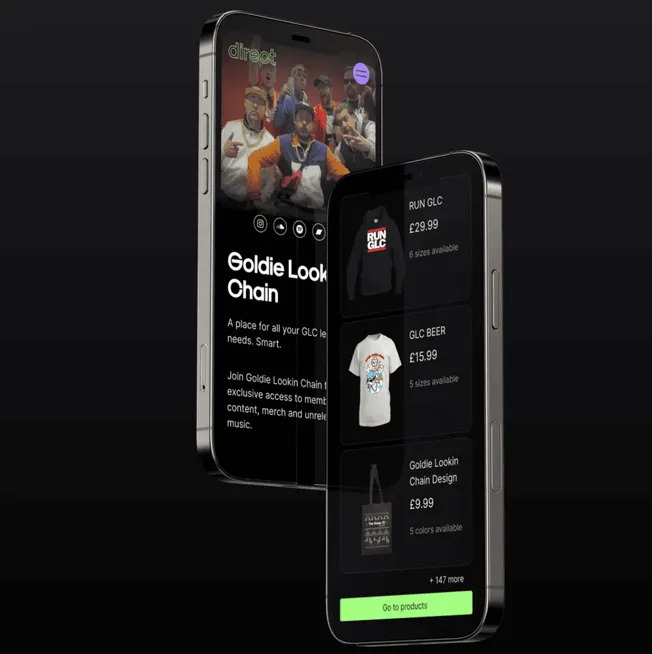 Goldie lookin chain merchandise app showcasing digital storefront on smartphones, music band branded products, online music m
