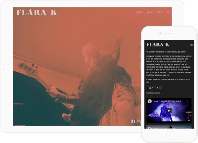 FFLARA K musician website on desktop and mobile showing artist bio and live performance videos, optimized for music promotion