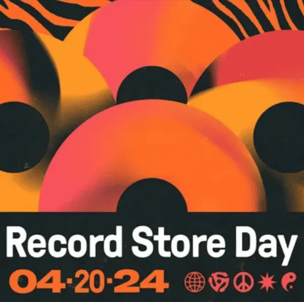 Bright orange and black abstract record store day promotional graphic with bold text and icons, emphasizing music, vinyl, and