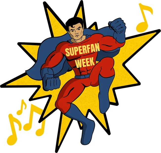 Superhero man in comic style with "Superfan Week" on chest, dynamic pose, bright yellow starburst background, musical notes,