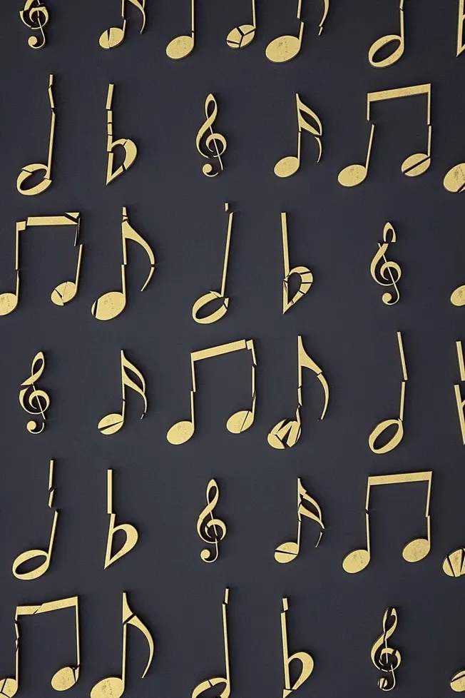 Shiny gold musical notes and symbols on a dark background representing music, rhythm, and sound for music industry branding a