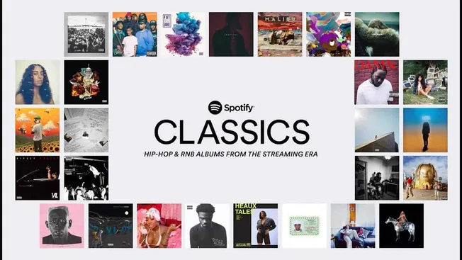 A collage of classic hip-hop and R&B album covers highlighting the evolution of streaming era music from Spotify Hypebot.