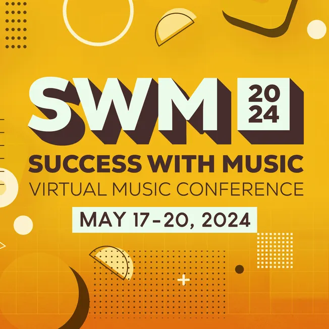 Swm 2024 virtual music conference promotional graphic with bold text, event dates, and vibrant yellow background focused on m