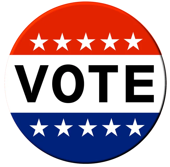 Voter campaign button with red, white, and blue patriotic design, featuring stars and bold "VOTE" text, encouraging political