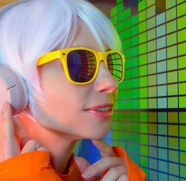 Tech-savvy woman with white hair wearing yellow sunglasses and headphones, vibrant digital music wall background, modern elec