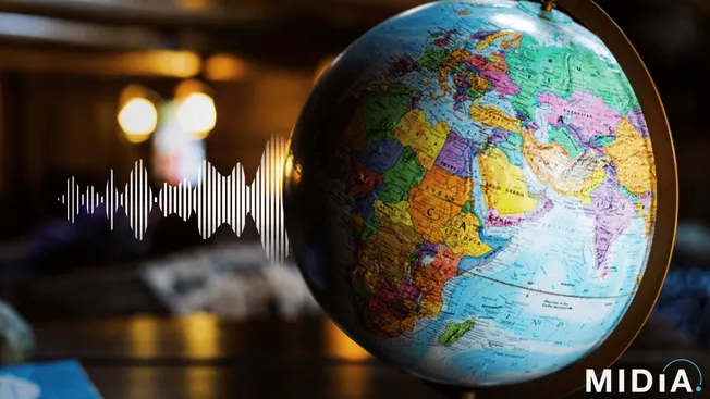 World globe showing Africa, Middle East, and Asia with soundwave overlay, emphasizing global music industry and digital media