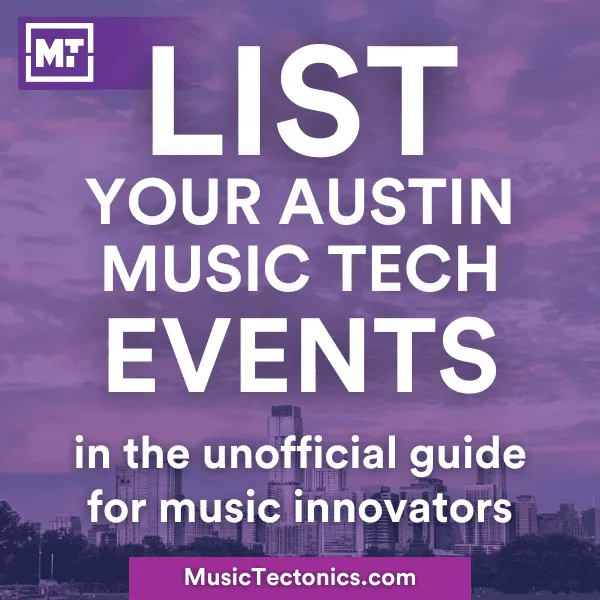 Austin music tech events promotional graphic with city skyline and purple sky background for music innovation enthusiasts.