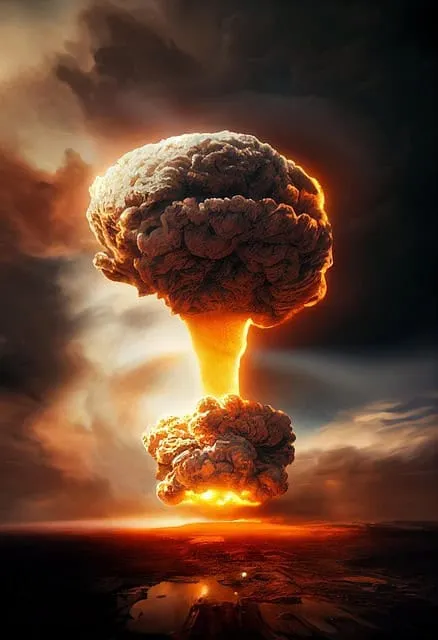 A dramatic image of a nuclear explosion with massive mushroom cloud and fiery glow, illustrating environmental and geopolitic
