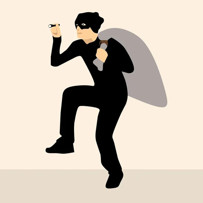 Sneaky person dressed as a thief with a mask carrying a backpack and holding a flashlight, digital illustration.