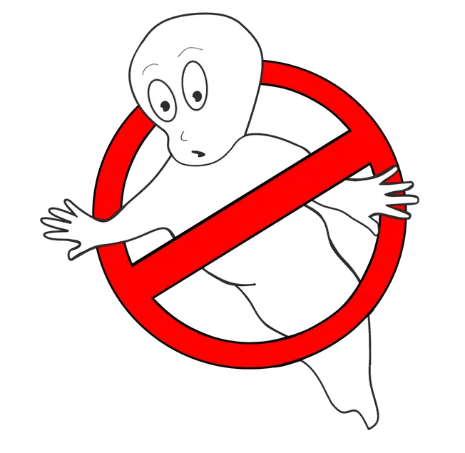 No entry sign over cartoon character with wide eyes, illustrating prohibition or restriction concept.