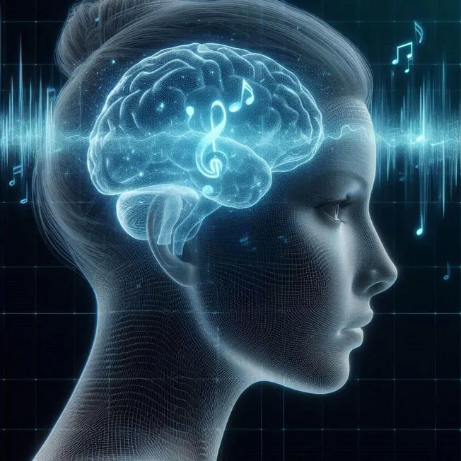 Brain with musical notes and sound wave digital rendering, artificial intelligence and neural networks for music processing,