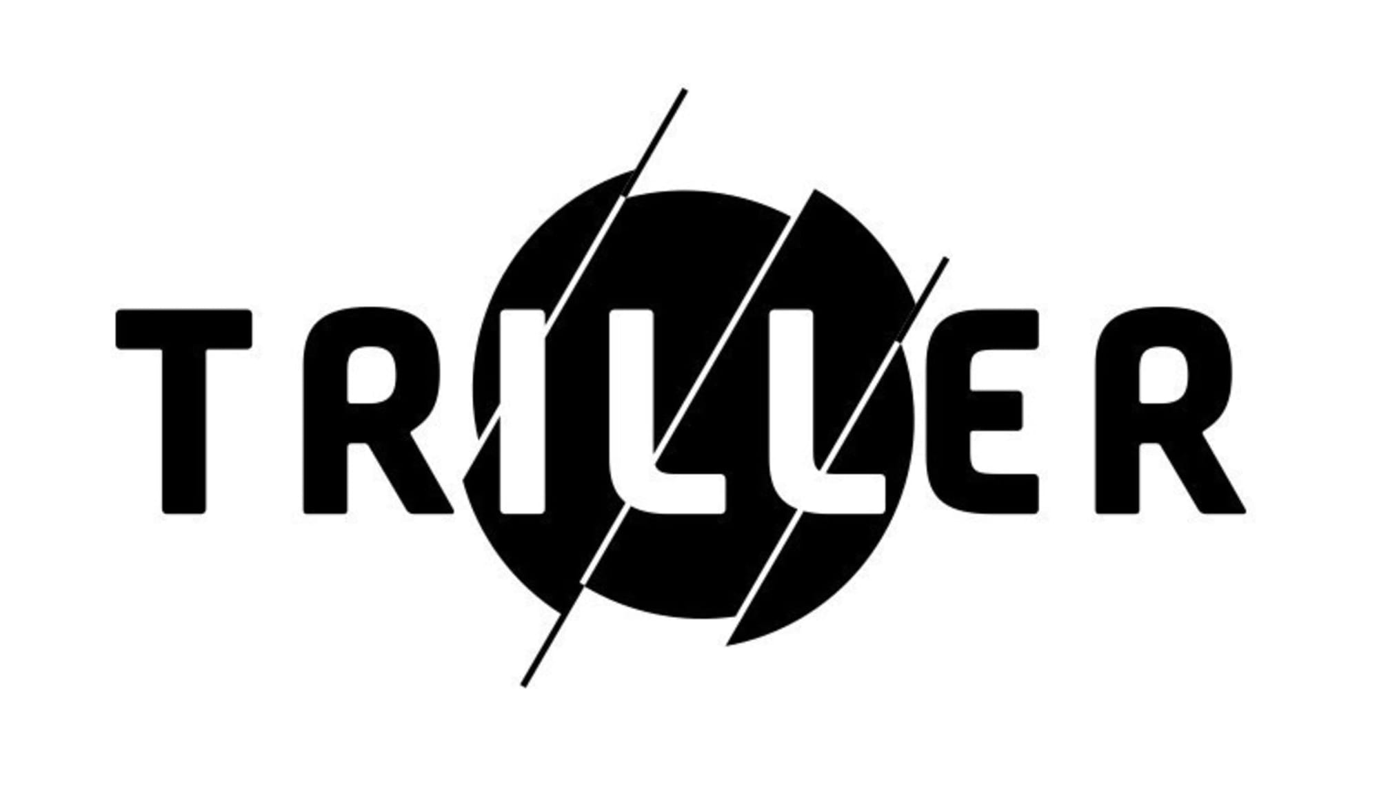 A black and white abstract logo featuring the word "TRILLER" with a circular background and diagonal lines cutting through the text, representing modern music technology and digital artistry.