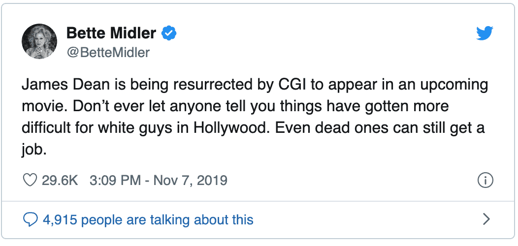 Resurrected CGI movie scene with James Dean, Hollywood actor, social commentary, entertainment industry, Hollywood news.