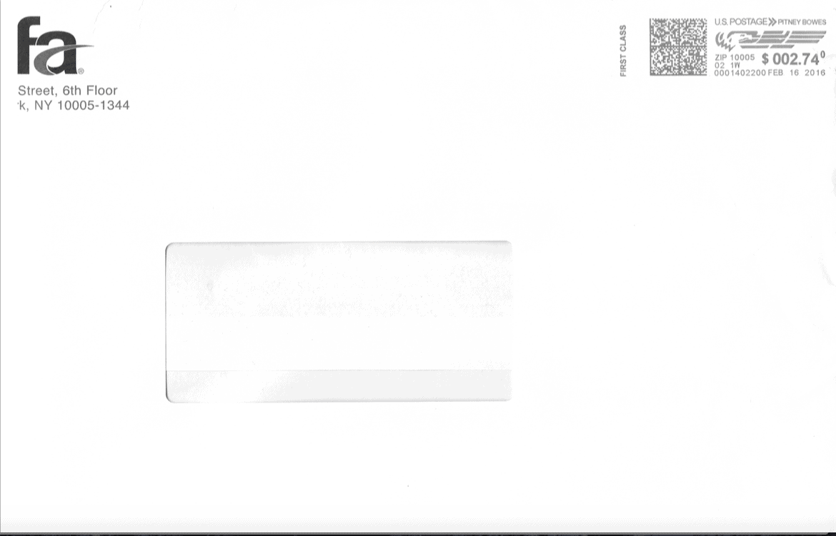 White mailing envelope with barcode and postage label for USPS mailing.
