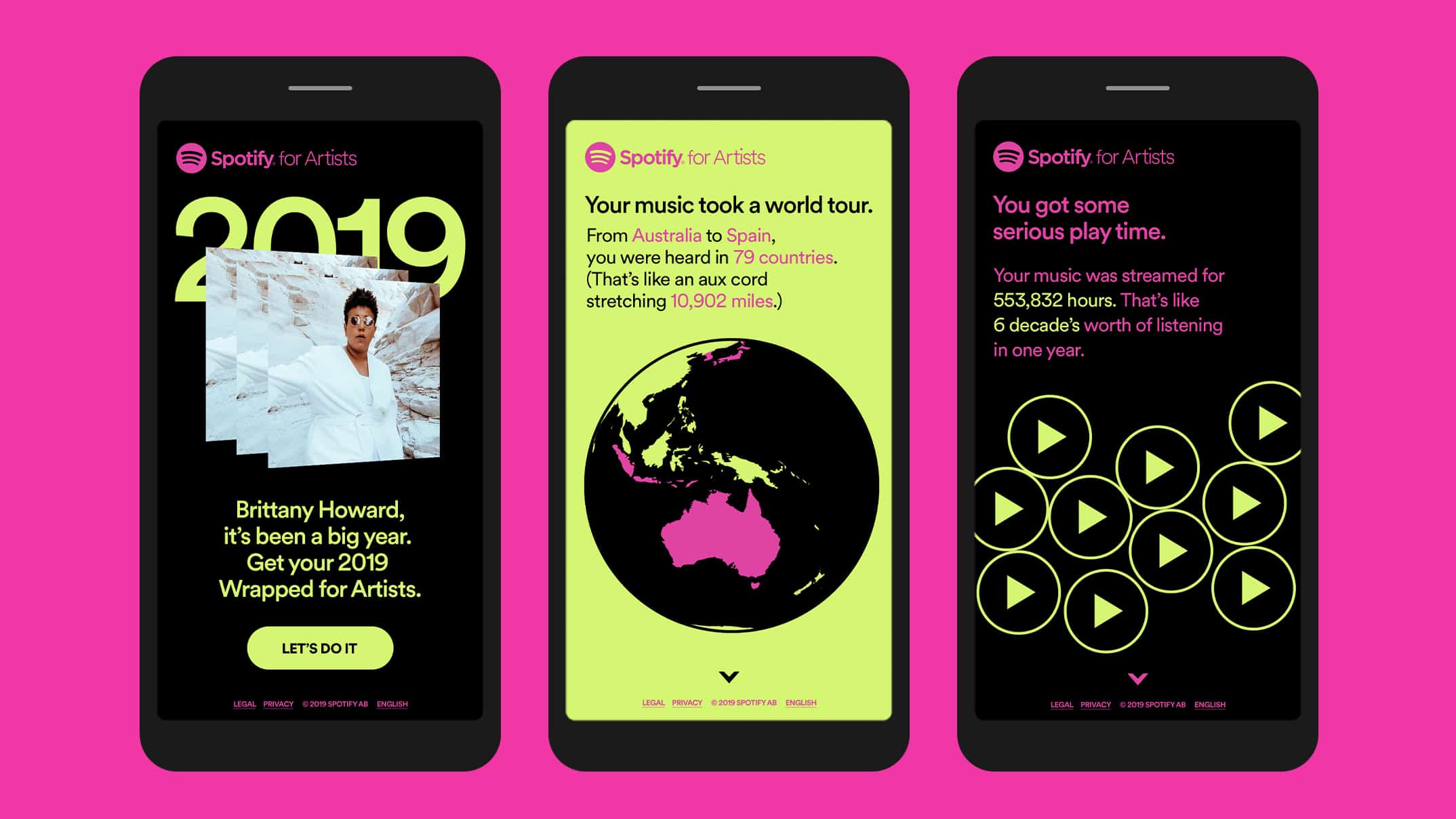 Stunning mobile screen capture showcasing Spotify for Artists' year-end review, worldwide music streaming stats, and artist achievements on a vibrant pink background.