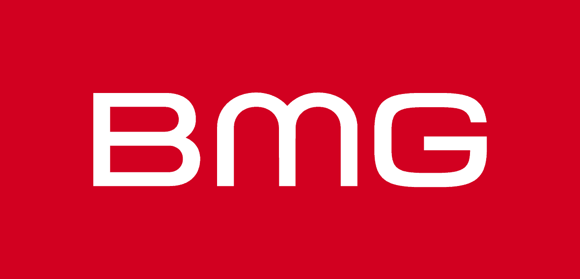BMG music label logo on a red background, representing a major global music company and record label with a focus on music publishing, artist management, and entertainment industry services.