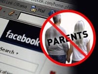 A worried parent holding hands with a child in front of a computer screen displaying social media icons, emphasizing online safety and parental guidance.