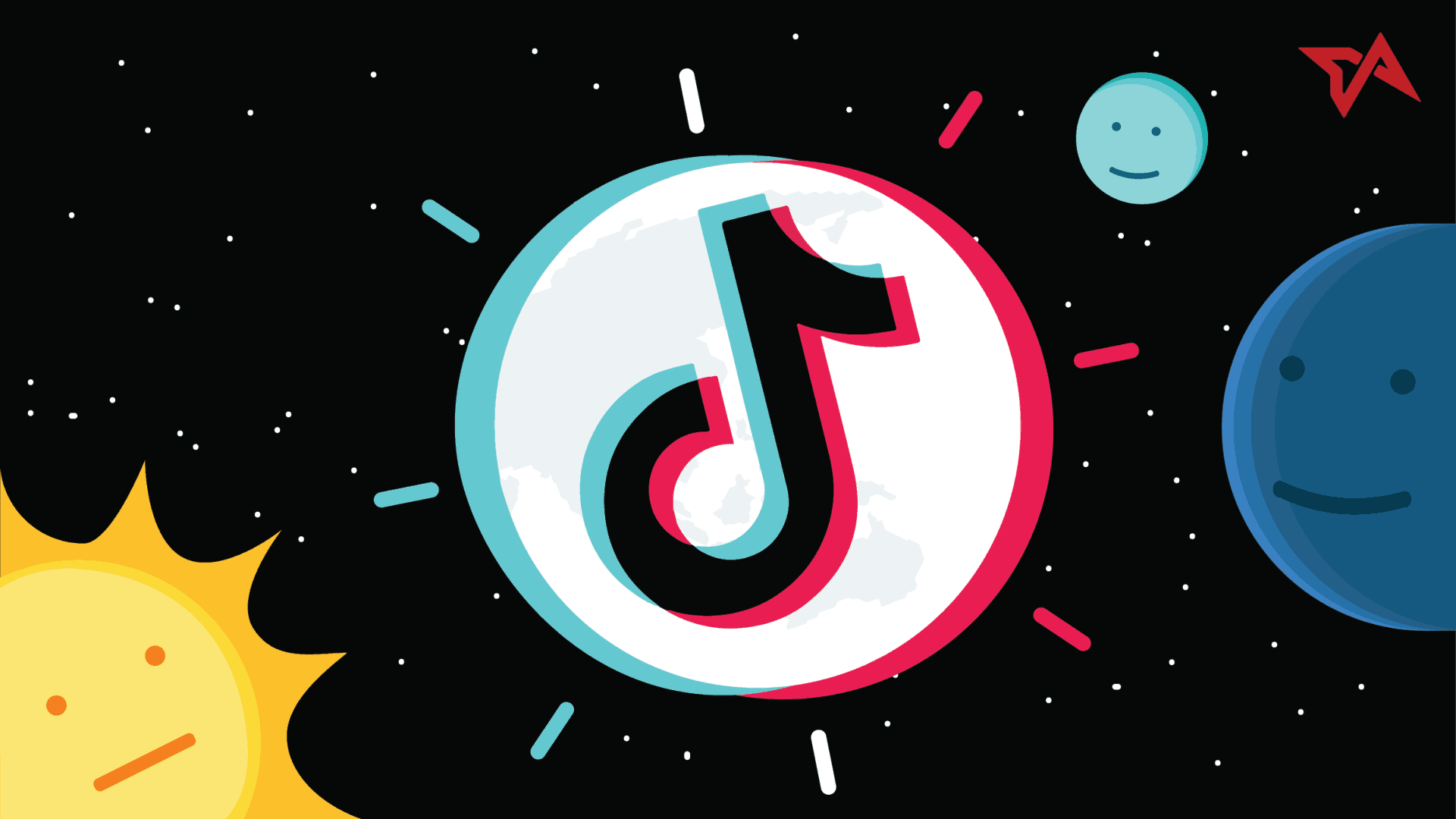 TikTok logo floating in space with cartoon celestial bodies, representing digital music and social media trends, with a focus on music streaming, content creation, and global online entertainment.