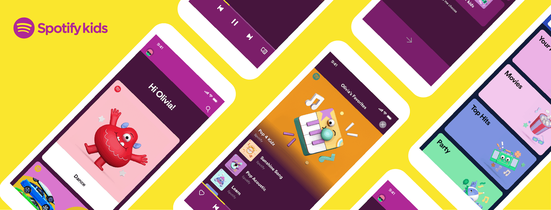 Bright mobile app screens of Spotify Kids featuring colorful cartoon characters and playlists, showcasing child-friendly music streaming interface and user experience.