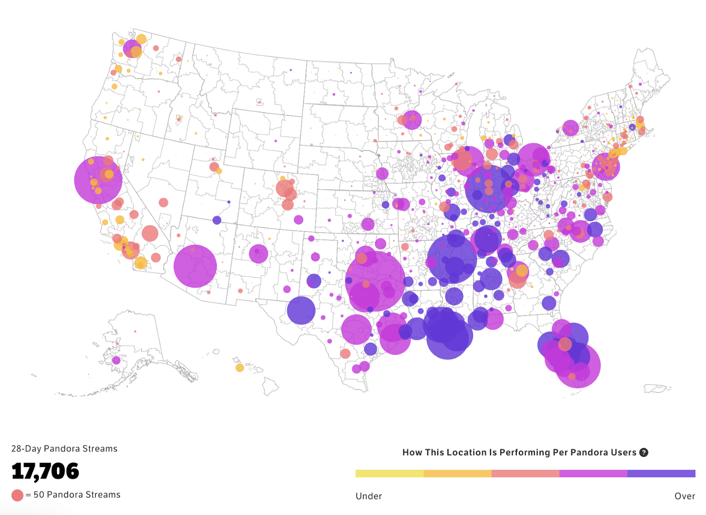 17,706 color-coded bubbles on US map showing Pandora streaming activity, with larger circles indicating higher streams, highlighting regional music listening trends and Pandora user engagement.