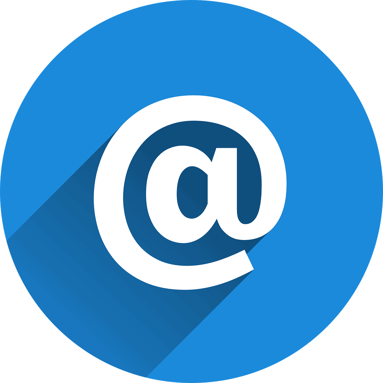 @-symbol icon representing email or communication in blue and white, with long shadow effect.