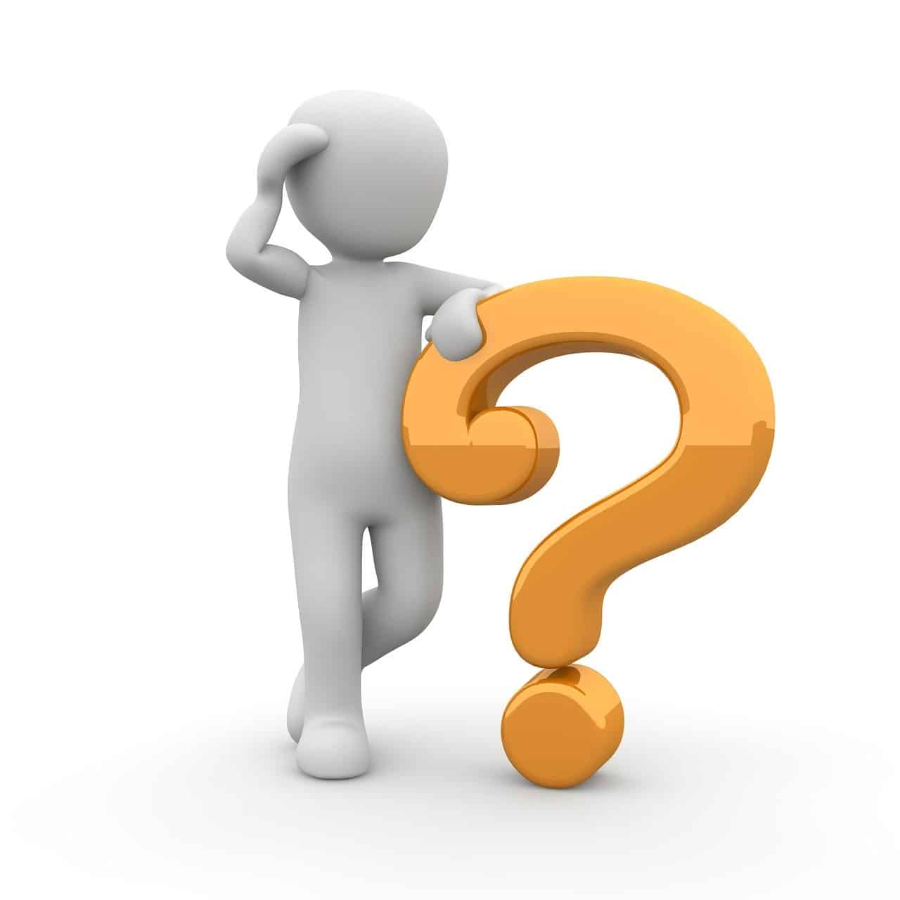 3. A 3D humanoid figure leaning on a large orange question mark, symbolizing curiosity or inquiry, set against a plain white background.
