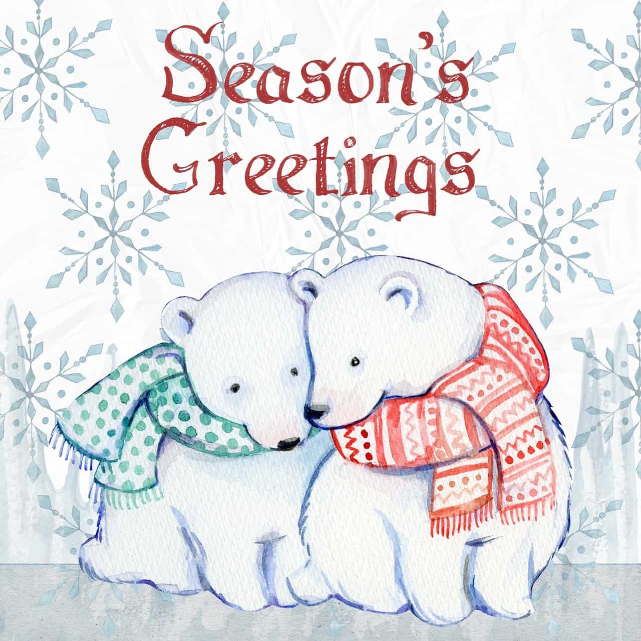 Fluffy watercolor polar bears with colorful scarves, snowy background, and snowflake patterns, with a festive "Season's Greetings" message.